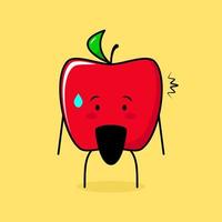 lindo personaje de manzana roja con expresión sorprendida y boca abierta. verde y rojo. adecuado para emoticonos, logotipos, mascotas o pegatinas vector