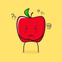 cute red apple character with thinking expression and close eyes. green and red. suitable for emoticon, logo, mascot vector