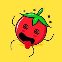 lindo personaje de tomate con expresión mareada, ojos rodantes, acostarse y sacar la lengua. verde, rojo y amarillo. adecuado para emoticonos, logotipos, mascotas vector