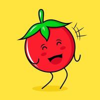 cute tomato character with happy expression, close eyes and mouth open. green, red and yellow. suitable for emoticon, logo, mascot vector