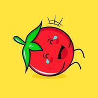 lindo personaje de tomate con expresión feliz, acostarse, cerrar los ojos y lágrimas. verde, rojo y amarillo. adecuado para emoticonos, logotipos, mascotas vector