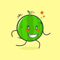 cute watermelon character with happy expression, sparkling eyes, run and smiling. green and yellow. suitable for emoticon, logo, mascot vector