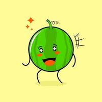 cute watermelon character with happy expression, mouth open and sparkling eyes. green and yellow. suitable for emoticon, logo, mascot vector