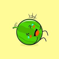 cute watermelon character with happy expression, lie down, close eyes and tears. green and yellow. suitable for emoticon, logo, mascot vector