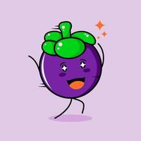 cute mangosteen character with smile and happy expression, run, two hands up and sparkling eyes. green and purple. suitable for emoticon, logo, mascot and icon vector