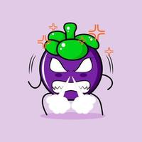 cute mangosteen character with angry expression. nose blowing smoke, eyes bulging and grinning. green and purple. suitable for emoticon, logo, mascot vector