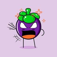 lindo personaje de mangostán con expresión enojada. verde y morado. adecuado para emoticono, logo, mascota. una mano levantada, ojos saltones y boca abierta vector