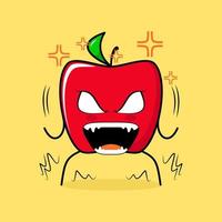 lindo personaje de manzana roja con expresión muy enojada. ojos saltones y la boca abierta de par en par. verde y rojo. adecuado para emoticonos, logotipos, mascotas vector