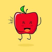 lindo personaje de manzana roja con sonrisa y expresión feliz, salta, cierra los ojos y abre la boca. verde y rojo. adecuado para emoticonos, logotipos, mascotas e iconos vector