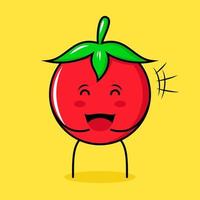 cute tomato character with happy expression, close eyes and mouth open. green, red and yellow. suitable for emoticon, logo, mascot vector