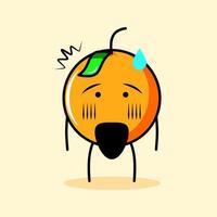 lindo personaje naranja con hoja, expresión de shock. caricatura, emoticono, moderno, fresco, contorno y logotipo de mascota. adecuado para logotipo, icono y signo vector