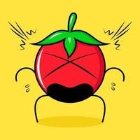 lindo personaje de tomate con expresión sorprendida y boca abierta. verde, rojo y amarillo. adecuado para emoticonos, logotipos, mascotas vector