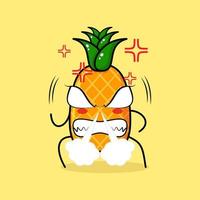cute pineapple character with angry expression. nose blowing smoke, eyes bulging and grinning. green and yellow. suitable for emoticon, logo, mascot