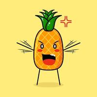 lindo personaje de piña con expresión enojada. verde y amarillo. adecuado para emoticono, logo, mascota. ambas manos levantadas y boca abierta vector