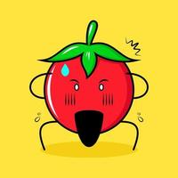 lindo personaje de tomate con expresión de asombro, dos manos en la cabeza y la boca abierta. verde, rojo y amarillo. adecuado para emoticonos, logotipos, mascotas vector