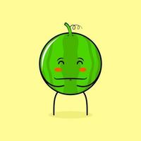 cute watermelon character with happy expression, close eyes, both hands on stomach and smiling. green and yellow. suitable for emoticon, logo, mascot vector