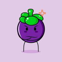 lindo personaje de mangostán con expresión enojada. verde y morado. adecuado para emoticono, logo, mascota. una mano en la barbilla vector