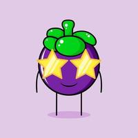 lindo personaje de mangostán con expresión de sonrisa y anteojos de estrellas. verde y morado. adecuado para emoticonos, logotipos, mascotas o pegatinas vector