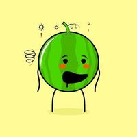 cute watermelon character with drunk expression and mouth open. green and yellow. suitable for emoticon, logo, mascot vector