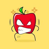 lindo personaje de manzana roja con expresión enojada. ojos saltones y sonrientes. adecuado para emoticonos, logotipos, mascotas y adhesivos. verde y rojo vector