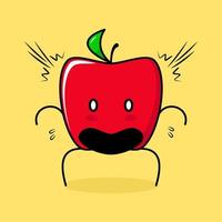 lindo personaje de manzana roja con expresión sorprendida, boca abierta y ojos saltones. verde y rojo. adecuado para emoticonos, logotipos, mascotas o pegatinas vector