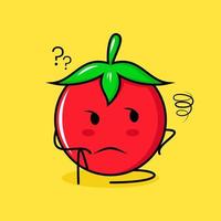 lindo personaje de tomate con expresión de pensamiento y sentarse. verde, rojo y amarillo. adecuado para emoticonos, logotipos, mascotas vector