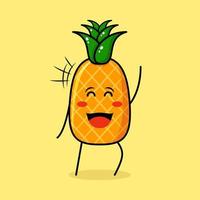 lindo personaje de piña con expresión feliz, ojos cerrados y una mano arriba. verde y amarillo. adecuado para emoticonos, logotipos, mascotas vector