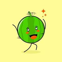 cute watermelon character with happy expression, run, two hands up and sparkling eyes. green and yellow. suitable for emoticon, logo, mascot vector