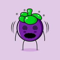 lindo personaje de mangostán con expresión mareada y ojos rodantes. verde y morado. adecuado para emoticonos, logotipos, mascotas e iconos vector