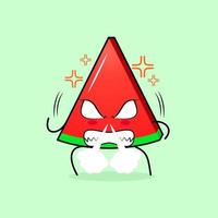 cute watermelon slice character with angry expression. nose blowing smoke, eyes bulging and grinning. green and red. suitable for emoticon, logo, mascot vector