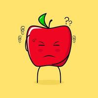 cute red apple character with thinking expression, one hand on head and close eyes. green and red. suitable for emoticon, logo, mascot vector