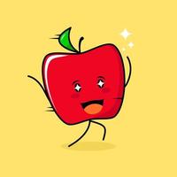 lindo personaje de manzana roja con sonrisa y expresión feliz, correr, dos manos arriba y ojos brillantes. verde y rojo. adecuado para emoticonos, logotipos, mascotas e iconos vector