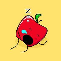 cute red apple character with sleep expression and mouth open. green and red. suitable for emoticon, logo, mascot and icon vector