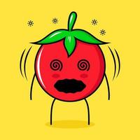 lindo personaje de tomate con expresión mareada y ojos rodantes. verde, rojo y amarillo. adecuado para emoticonos, logotipos, mascotas vector