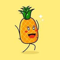 lindo personaje de piña con expresión feliz, correr, dos manos arriba y ojos brillantes. verde y amarillo. adecuado para emoticonos, logotipos, mascotas vector