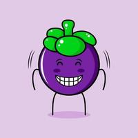 lindo personaje de mangostán con sonrisa y expresión feliz, ojos cerrados y sonriente. verde y morado. adecuado para emoticonos, logotipos, mascotas e iconos vector