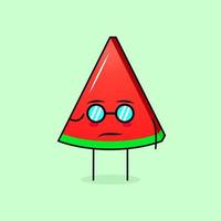 lindo personaje de rebanada de sandía con expresión genial y anteojos. verde y rojo. adecuado para emoticonos, logotipos, mascotas o pegatinas vector