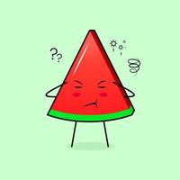 lindo personaje de rebanada de sandía con expresión de pensamiento, ojos cerrados y dos manos en la cabeza. verde y rojo. adecuado para emoticonos, logotipos, mascotas vector