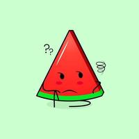 lindo personaje de rebanada de sandía con expresión de pensamiento y sentarse. verde y rojo. adecuado para emoticonos, logotipos, mascotas vector