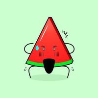 lindo personaje de rebanada de sandía con expresión de asombro, dos manos en la cabeza y la boca abierta. verde y rojo. adecuado para emoticonos, logotipos, mascotas o pegatinas vector