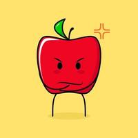 cute red apple character with angry expression. green and red. suitable for emoticon, logo, mascot. one hand on chin vector