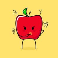 lindo personaje de manzana roja con expresión de pensamiento y mano colocada en la barbilla. verde y rojo. adecuado para emoticonos, logotipos, mascotas vector