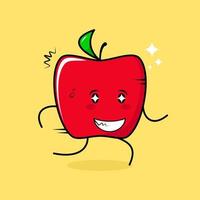 lindo personaje de manzana roja con expresión feliz, ojos brillantes, correr y sonreír. verde y rojo. adecuado para emoticonos, logotipos, mascotas e iconos vector