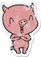 distressed sticker of a happy cartoon pig vector