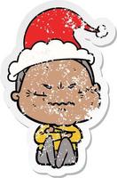 distressed sticker cartoon of a annoyed old lady wearing santa hat vector