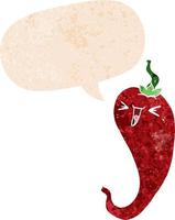Cartoon hot chili pepper y bocadillo de diálogo en estilo retro texturizado vector