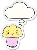 cartoon cupcake with face and thought bubble as a printed sticker vector