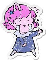 distressed sticker of a cartoon crying alien girl vector