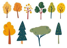 Woodland trees. Forest plants elements. Set of green plants. Landscape. Wild botanical set. Scandinavian style vector cartoon illustration isolated.