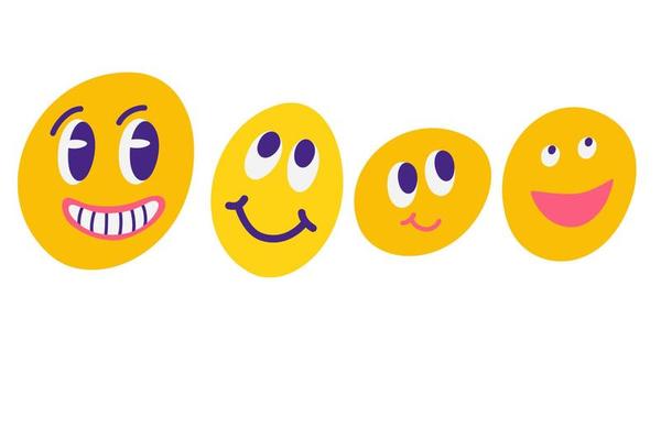 Round abstract comic Faces with different emotions. Emojis. Various colorful characters. Cartoon style. Flat design. Hand-drawn fashionable vector illustration.